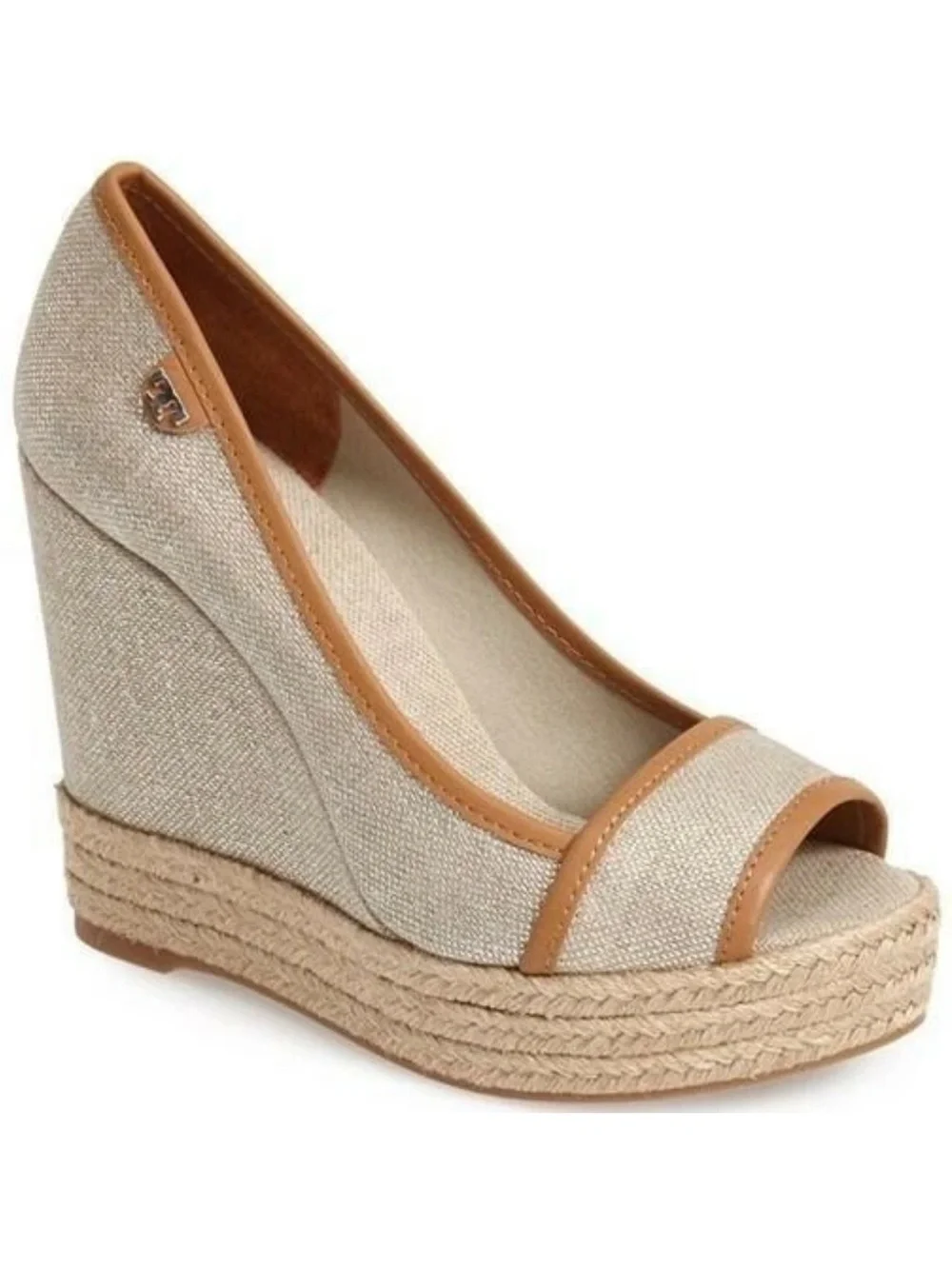 Tory Burch Tan Royal Majorca Wedge Peep Toe Espadrille Size 8 In EUC.